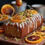 Orange and cardamom date cake drizzled with golden honey, garnished with citrus zest and served on a rustic plate.