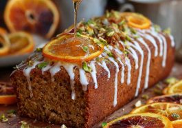 Orange and cardamom date cake drizzled with golden honey, garnished with citrus zest and served on a rustic plate.