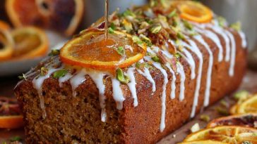 Orange and cardamom date cake drizzled with golden honey, garnished with citrus zest and served on a rustic plate.