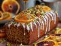 Orange and cardamom date cake drizzled with golden honey, garnished with citrus zest and served on a rustic plate.