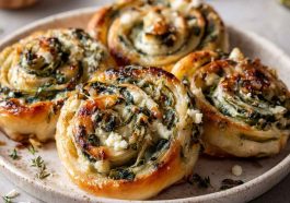 Golden puff pastry swirls filled with creamy spinach artichoke dip, baked until flaky and served warm.