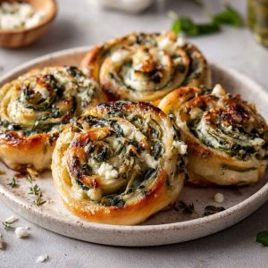Golden puff pastry swirls filled with creamy spinach artichoke dip, baked until flaky and served warm.