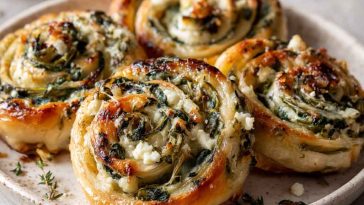 Golden puff pastry swirls filled with creamy spinach artichoke dip, baked until flaky and served warm.