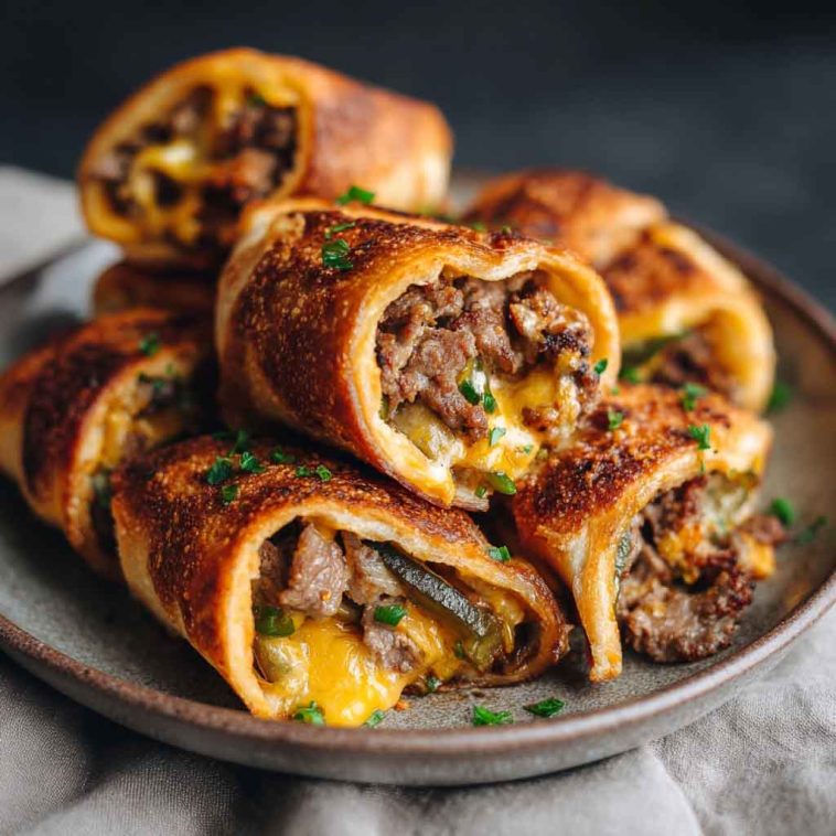 "Golden keto Philly cheesesteak rolls filled with tender beef, melted cheese, and peppers."