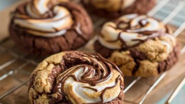Chocolate marshmallow swirl cookies with gooey marshmallow ribbons baked into rich chocolate cookie dough, served on a rustic tray.