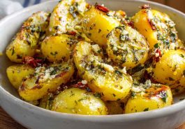 Greek-style lemon potatoes roasted with garlic, oregano, and olive oil until golden and crispy, served with fresh herbs.