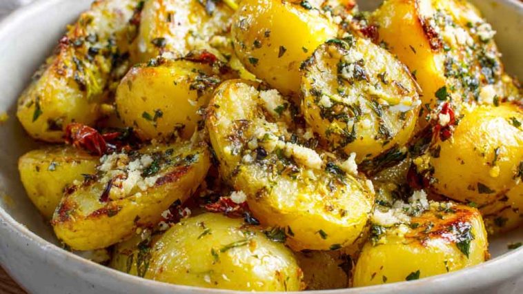Greek-style lemon potatoes roasted with garlic, oregano, and olive oil until golden and crispy, served with fresh herbs.