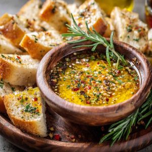 Rustic bowl of loaded bread dipping oil with olive oil, garlic, herbs, and spices served alongside crusty bread slices.