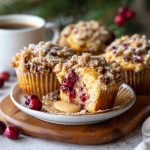 Cranberry coffee cake muffins topped with golden streusel crumble