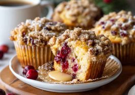 Cranberry coffee cake muffins topped with golden streusel crumble