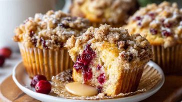 Cranberry coffee cake muffins topped with golden streusel crumble