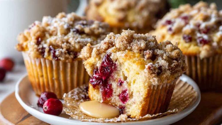 Cranberry coffee cake muffins topped with golden streusel crumble