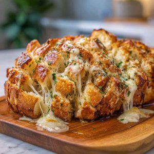 Cheesy pull-apart garlic bread baked golden brown, stuffed with melted mozzarella, garlic butter, and fresh herbs.