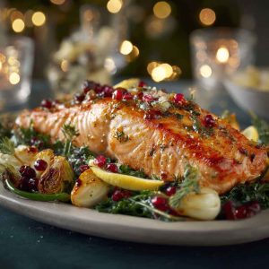 Festive Gordon Ramsay Christmas salmon recipe baked with herbs, citrus, and holiday garnishes, served on a platter.