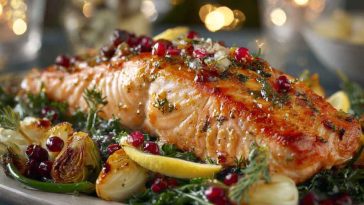 Festive Gordon Ramsay Christmas salmon recipe baked with herbs, citrus, and holiday garnishes, served on a platter.