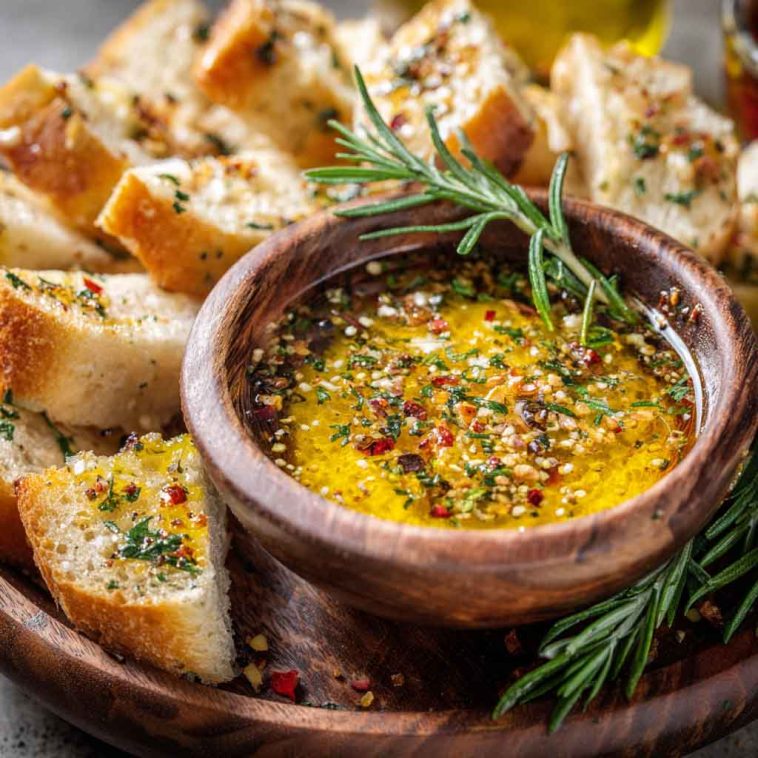 Rustic bowl of loaded bread dipping oil with olive oil, garlic, herbs, and spices served alongside crusty bread slices.