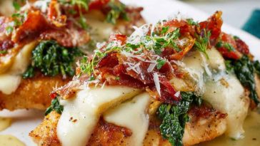 Italian chicken saltimbocca with tender chicken cutlets wrapped in prosciutto, topped with fresh sage, and served with a light white wine sauce.