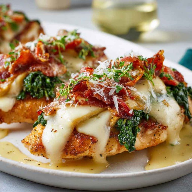 Italian chicken saltimbocca with tender chicken cutlets wrapped in prosciutto, topped with fresh sage, and served with a light white wine sauce.
