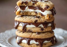 Chocolate chip cheesecake cookies with gooey chocolate chips, creamy cheesecake filling, and golden cookie edges served on a plate.