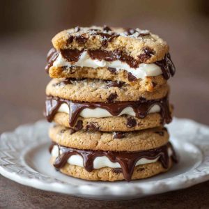 Chocolate chip cheesecake cookies with gooey chocolate chips, creamy cheesecake filling, and golden cookie edges served on a plate.
