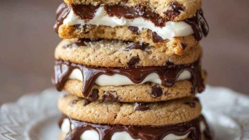 Chocolate chip cheesecake cookies with gooey chocolate chips, creamy cheesecake filling, and golden cookie edges served on a plate.