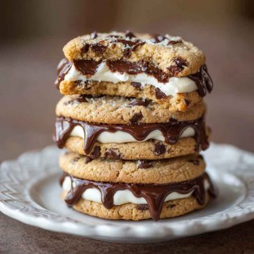 Chocolate chip cheesecake cookies with gooey chocolate chips, creamy cheesecake filling, and golden cookie edges served on a plate.