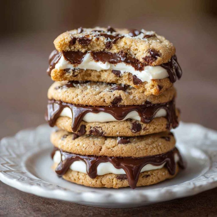 Chocolate chip cheesecake cookies with gooey chocolate chips, creamy cheesecake filling, and golden cookie edges served on a plate.