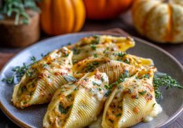 Pumpkin and Gouda stuffed pasta shells baked in creamy brown butter sage Alfredo sauce, garnished with fresh herbs.