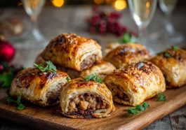 Golden Christmas sausage rolls on a festive platter with herbs
