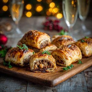 Golden Christmas sausage rolls on a festive platter with herbs