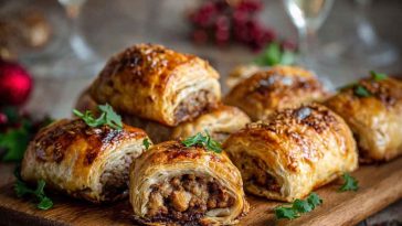 Golden Christmas sausage rolls on a festive platter with herbs