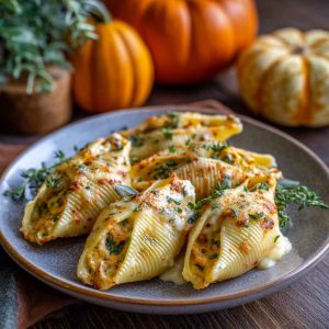 Pumpkin and Gouda stuffed pasta shells baked in creamy brown butter sage Alfredo sauce, garnished with fresh herbs.