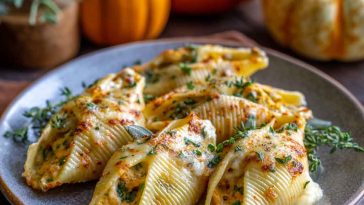 Pumpkin and Gouda stuffed pasta shells baked in creamy brown butter sage Alfredo sauce, garnished with fresh herbs.