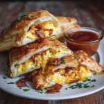 Homemade breakfast hot pockets filled with eggs, cheese, and bacon, baked golden brown and served warm.