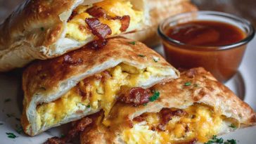 Homemade breakfast hot pockets filled with eggs, cheese, and bacon, baked golden brown and served warm.