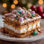 Festive no-bake Christmas cookie lasagna layered with cookies, creamy filling, whipped topping, and holiday sprinkles.