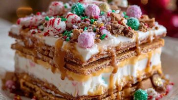 Festive no-bake Christmas cookie lasagna layered with cookies, creamy filling, whipped topping, and holiday sprinkles.
