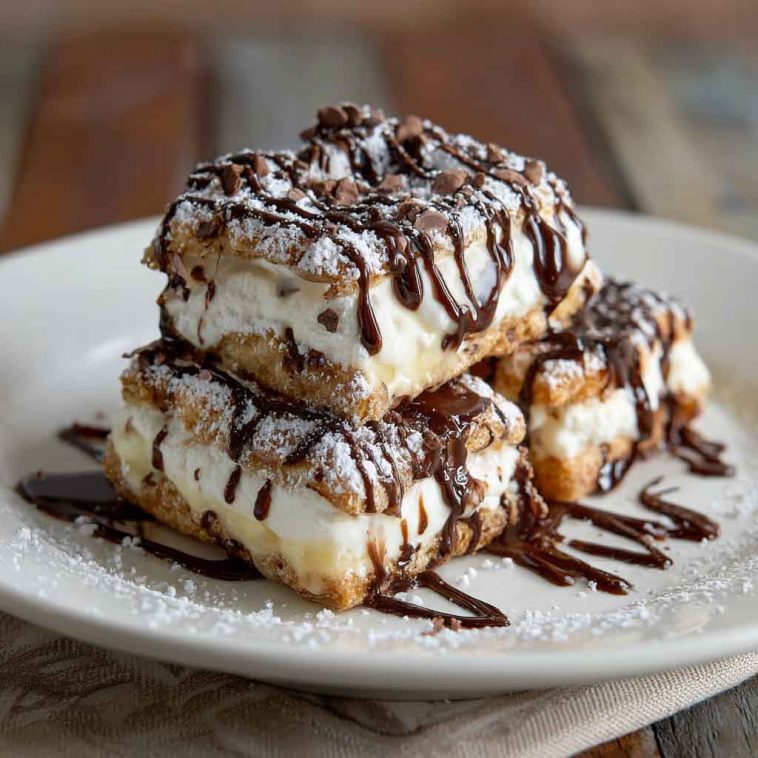 Classic cannoli squares with creamy ricotta filling, chocolate chips, and powdered sugar dusted on top.