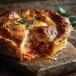 Golden pizza pot pie with melted cheese and tomato sauce inside