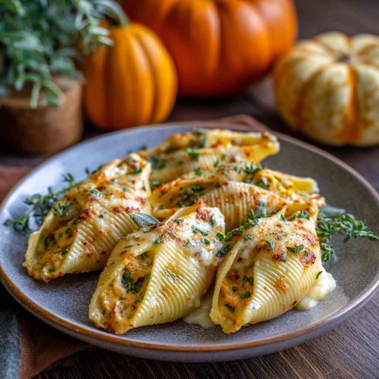 Pumpkin and Gouda stuffed pasta shells baked in creamy brown butter sage Alfredo sauce, garnished with fresh herbs.
