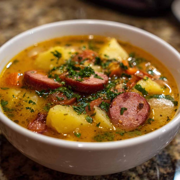 Bowl of creamy kielbasa potato soup with chunks of sausage, potatoes, and herbs.