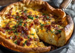 Savory cheddar bacon Dutch baby pancake baked in a skillet with herbs