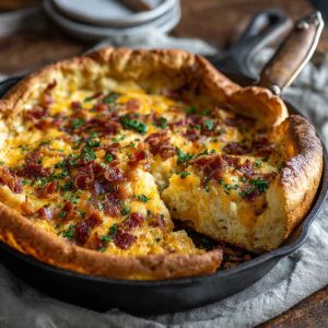 Savory cheddar bacon Dutch baby pancake baked in a skillet with herbs