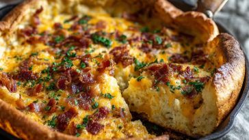 Savory cheddar bacon Dutch baby pancake baked in a skillet with herbs