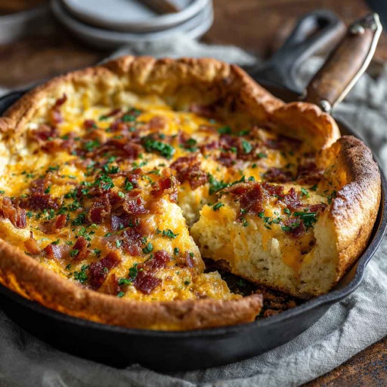 Savory cheddar bacon Dutch baby pancake baked in a skillet with herbs