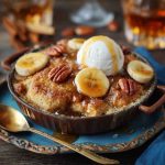 Warm bananas foster cobbler baked with caramelized bananas, brown sugar, and rum sauce topped with golden biscuit crust.