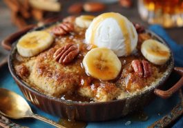 Warm bananas foster cobbler baked with caramelized bananas, brown sugar, and rum sauce topped with golden biscuit crust.