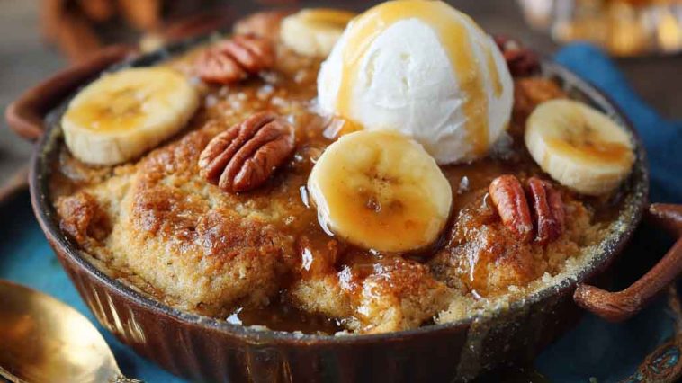 Warm bananas foster cobbler baked with caramelized bananas, brown sugar, and rum sauce topped with golden biscuit crust.