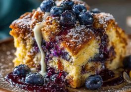Blueberry French toast casserole baked golden with fresh blueberries and syrup drizzle