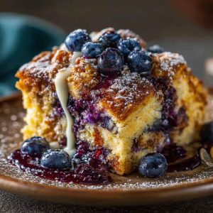 Blueberry French toast casserole baked golden with fresh blueberries and syrup drizzle